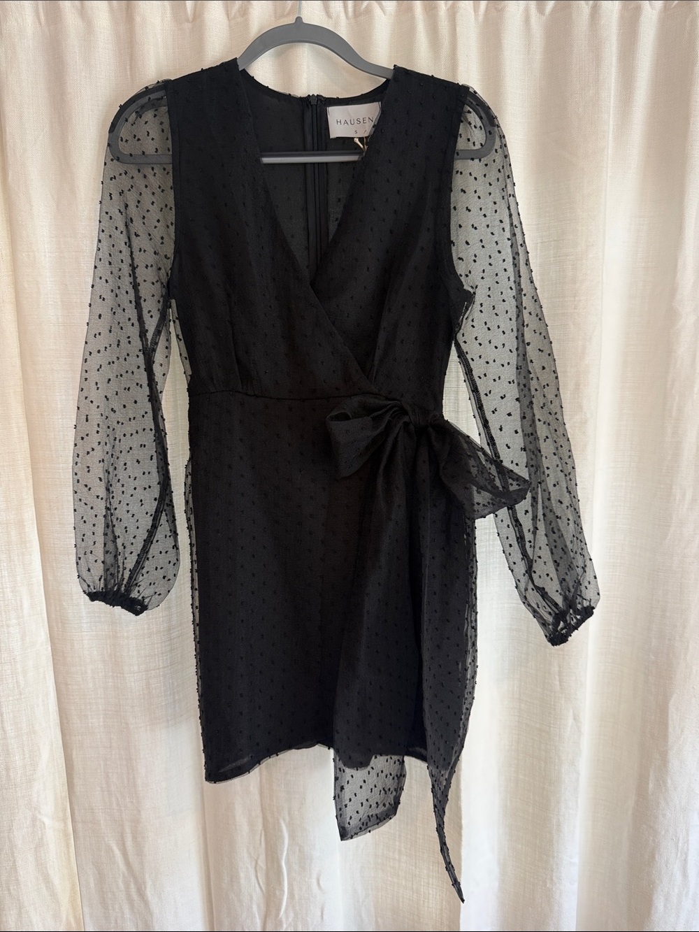 Hausen Black Swiss Dot Mesh Wrap Dress NWT Size Small
